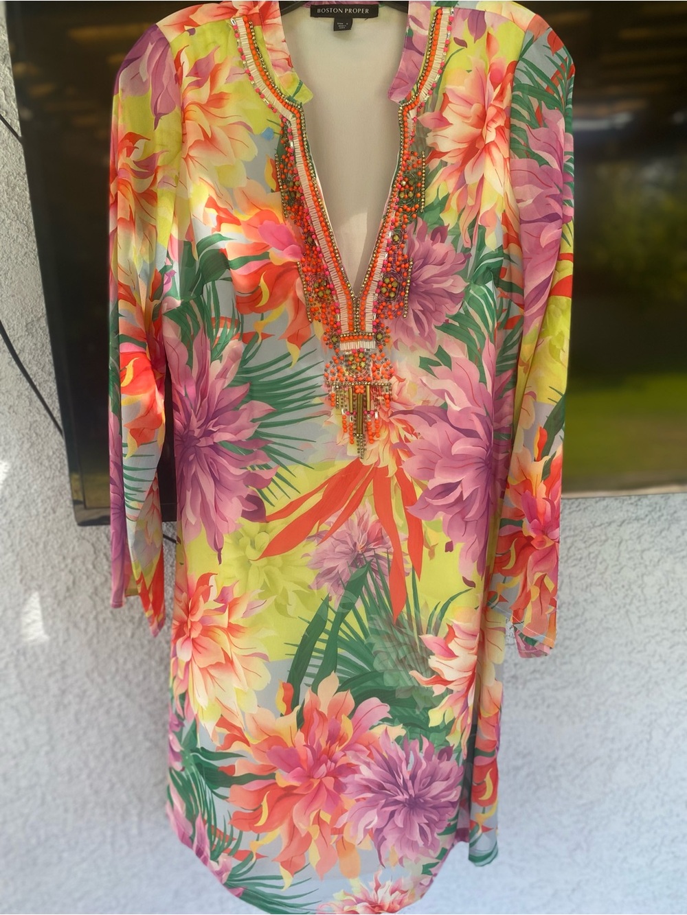 Boston Proper Yellow Multi Floral Beaded V-Neck Tunic Dress RT 198